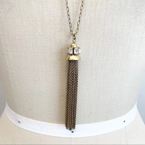 J Crew Long Gold Rhinestone Chain Tassel Necklace - Picture 2 of 6